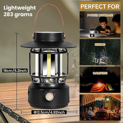 LED Camping Lantern, Solar Rechargeable Lantern Camping Lights with Side Lights, 1000LM Retro Style Portable Flashlight, IPX5 Waterproof Lanterns for Power Outages, Emergency, Hurricane, Hiking
