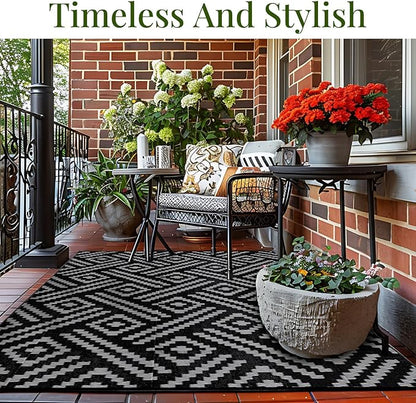 OPPODREAM Outdoor Rug 6x9 Ft, Waterproof Outdoor Plastic Straw Rug for Patio, Reversible Out Door Carpet for Camping, Deck, Rv, 6 x 9 Area Carpet for Balcony, Porch, Backyard, Black and Beige