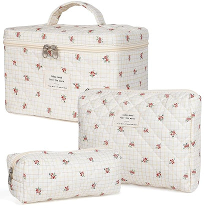 Makeup Bag,Quilted Cosmetic Bags,Large Floral Make Up Organize bag,Makeup Bag Set for Women,Flower Travel Toiletry Bag