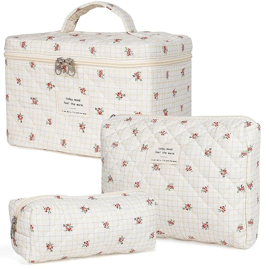 Makeup Bag,Quilted Cosmetic Bags,Large Floral Make Up Organize bag,Makeup Bag Set for Women,Flower Travel Toiletry Bag