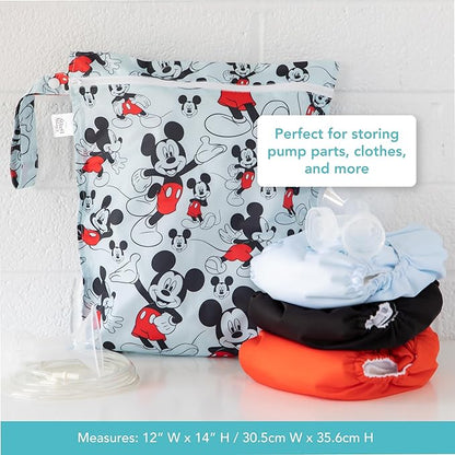 Bumkins Disney Waterproof Wet Bag for Baby, Travel, Swim Suit, Cloth Diapers, Pump Parts, Pool, Gym Clothes, Toiletry, Strap to Stroller, Daycare, Zipper Reusable Bag, Packing Pouch, Mickey Mouse