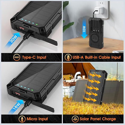 Solar Charger 49800mAh Power Bank - Wireless Portable Phone Charger with 4 Built-in Cable,22.5W Fast Charging Battery Pack USB C in/Output for All Cell Phone iPhone,Galaxy,Android,Etc(Black)