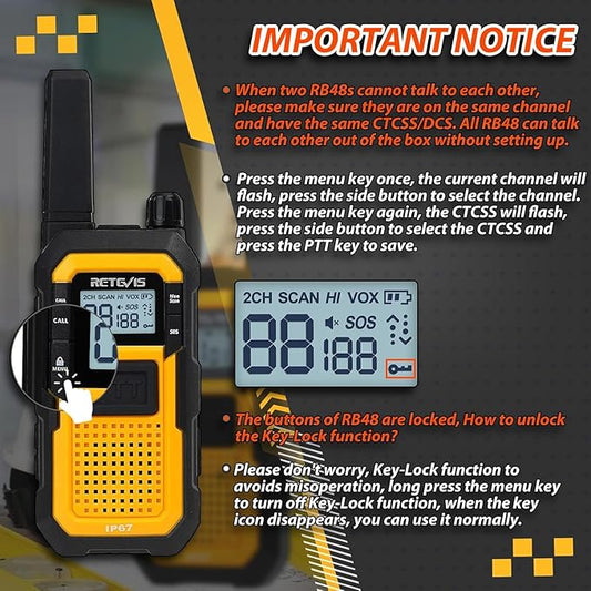 Retevis RB48 Waterproof Walkie Talkies, Heavy Duty Two Way Radio, Advanced Triple Proof, Vibration Call, USB-C, SOS,2000mAh, NOAA, 2 Way Radio(2 Pack) Yellow