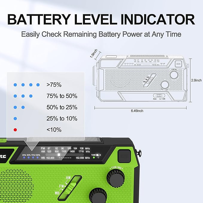 7400mWh NOAA Emergency Weather Radio with 3 in 1 Charging Cable - Solar Hand Crank Alert Radio - 3 Power Supply Methods - SOS Alarm, Flashlight for Hurricane Emergencies