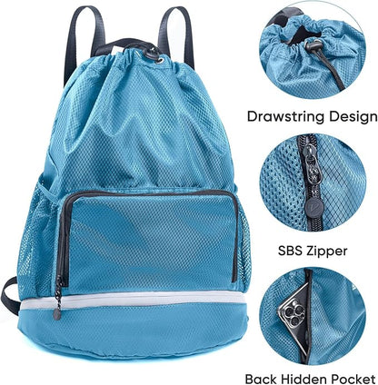 Swim Essentials Beach Gym Bag - Drawstring Backpack with Shoes Compartment and Waterproof Pocket for Kids, Men - Workout Bag