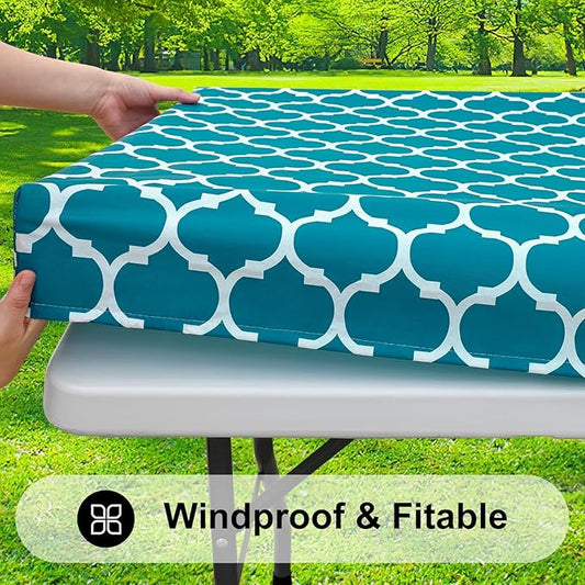 Smiry Rectangle Picnic Table Cover, Waterproof Elastic Fitted Camping Tablecloths for 8 Foot Tables, Wipeable Flannel Backed Vinyl Tablecloth Protector for Indoor, Outdoor (Turquoise, 30x96 Inches)