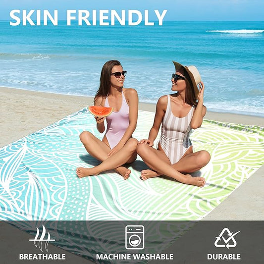 Beach Blanket Waterproof Sandproof Beach Mat for 1-8 Adults Quick Drying Durable Outdoor Picnic Mat for Beach Festival Travel Camping Hiking (Gradiant BL&GN-Ripple, 79"×108"(6 Person))