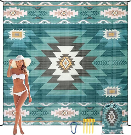 Beach Blanket, Sandproof Beach Mat, Waterproof Quick Drying Lightweight Outdoor Aztec Picnic Mat 79" X 83" for 2-4 Adults with Pocket for Travel, Camping, Hiking