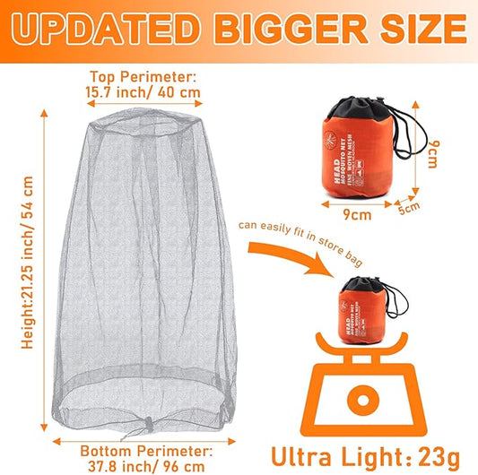 Benvo Mosquito Head Net Mesh, Face Neck Fly Netting Hood from Bugs Gnats Noseeums Screen Net for Any Outdoor Lover- with Carry Bags Fits Most Sizes of Hats Caps (2pcs, Light Grey, Updated Big Net)