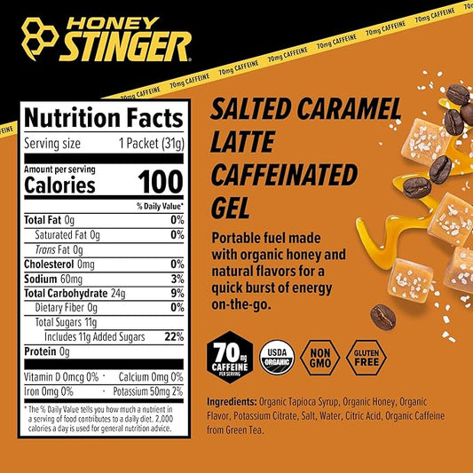 Honey Stinger Organic Salted Caramel Energy Gel, Caffeinated & Gluten Free, for Exercise, Running and Performance, Sports Nutrition for Home & Gym, Pre and Mid Workout, 12 Pack, 13.2 Ounce