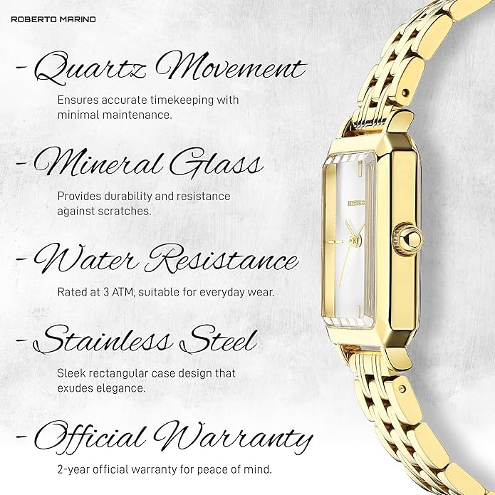 Roberto Marino RM1982 Women’s Luxury Watch Rectangular Gold – Japanese Quartz Movement, Vintage Stainless Steel Design, Silver Dial, Elegant Dress Timepiece, 3ATM Water Resistant – Reloj para Mujer