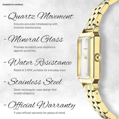 Roberto Marino RM1982 Women’s Luxury Watch Rectangular Gold – Japanese Quartz Movement, Vintage Stainless Steel Design, Silver Dial, Elegant Dress Timepiece, 3ATM Water Resistant – Reloj para Mujer