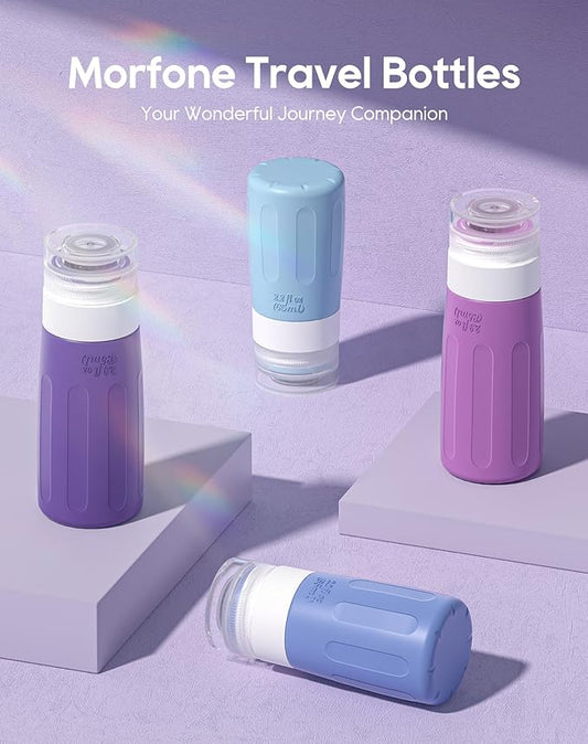Morfone 16 Pack Silicone Travel Bottles Set for Toiletries TSA Approved Travel Containers Leakproof Squeezable Refillable Accessories 2oz 3oz for Shampoo Conditioner Lotion Liquids (Blue Purple)