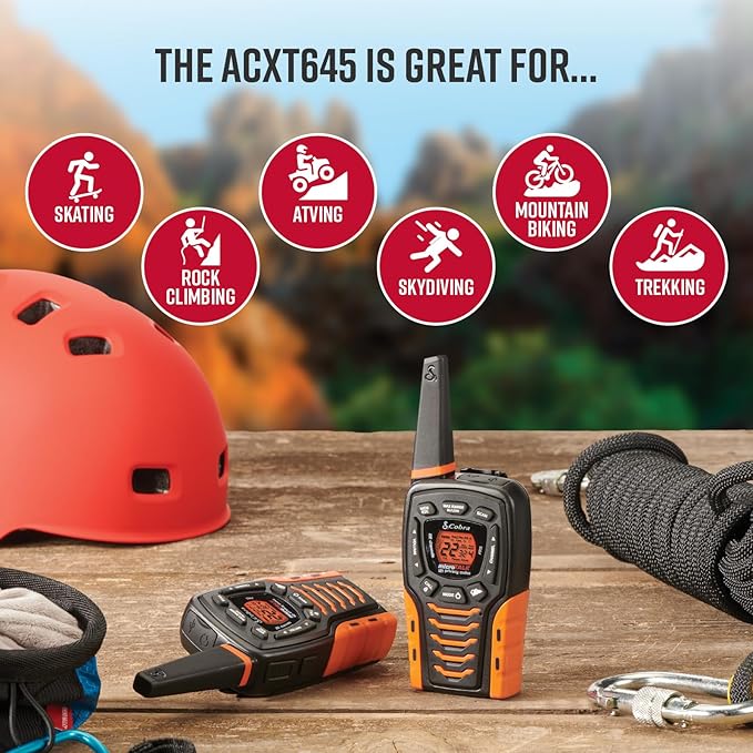 Cobra ACXT645 Waterproof Walkie Talkies for Adults with Compatible Cobra Surveillance Headset Microphone: Rechargeable, 22 Channels, 35-Mile Range, 2 Two-Way Radios, 2 Headsets, Black/Orange