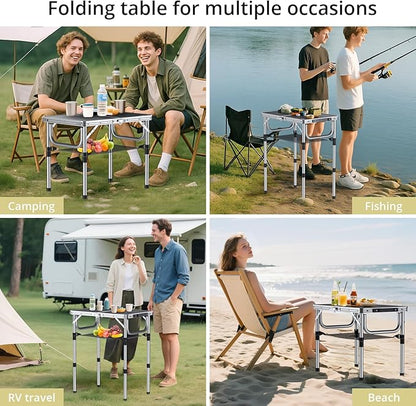 Folding Camping Table, Aluminum 24" x 16" Adjustable Height Small Folding Table with Carrying Handle, Lightweight, Portable Camping Table Waterproof for Outdoor Indoor Picnic Beach BBQ (Black)
