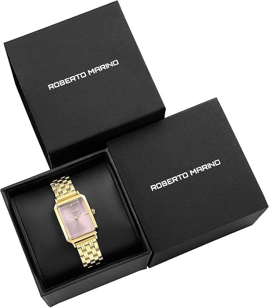 Roberto Marino RM1982 Women’s Luxury Watch Rectangular Gold – Japanese Quartz Movement, Vintage Stainless Steel Design, Silver Dial, Elegant Dress Timepiece, 3ATM Water Resistant – Reloj para Mujer