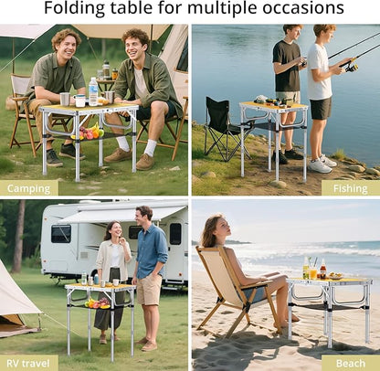 2ft Camping Table Foldable, 3 Adjustable Heights High 27.5" Aluminum Small Folding Table with Carrying Handle, Portable, for Outdoor Indoor Picnic Beach BBQ Party Travel, 24" x 16", Yellow