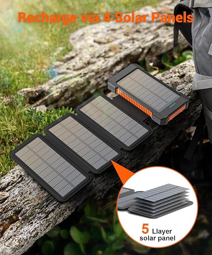 Solar Power Bank 38800mAh with 4 Solar Panels, Portable Charger USB C 18W Fast Charge for iPhone Samsung, IP67 Waterproof Outdoor External Battery Pack with Flashlight Light/SOS/Strobe