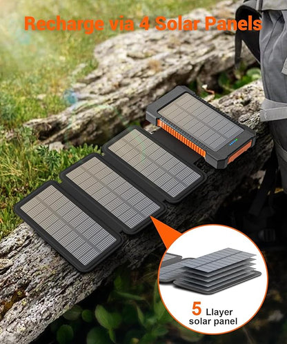 Solar Power Bank 38800mAh with 4 Solar Panels, Portable Charger USB C 18W Fast Charge for iPhone Samsung, IP67 Waterproof Outdoor External Battery Pack with Flashlight Light/SOS/Strobe