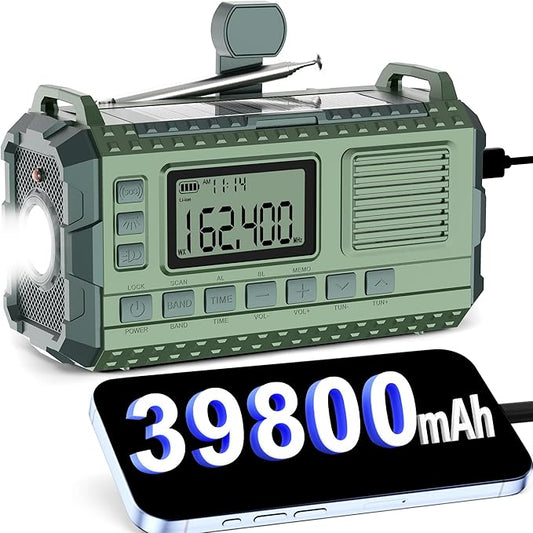 Emergency Weather Radio - AM/FM/NOAA Hand Crank Radio with 15W Fast Charge, 39800mAh Portable Solar Power Bank, Multi-Function Flashlight & SOS Alarm for Outdoor Indoor Emergencies (Green)