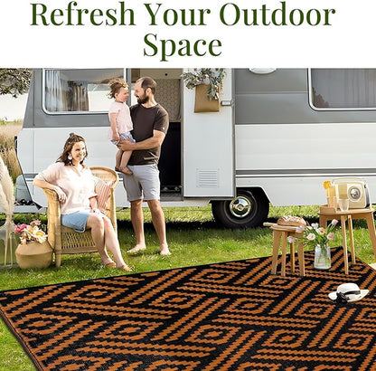 OPPODREAM Outdoor Rug 8x10 Patio Waterproof, Large Outdoor Plastic Straw Rug, Reversible Out Door Carpet for Camping, Deck, Rv, 8 x 10 Area Carpet for Balcony, Porch, Backyard, Black and Orange