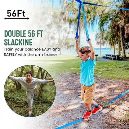 Ninja Warrior Obstacle Course for Kids, 2×56ft Slackline Kit with 8 Ninja Accessories - Monkey Bar, Rope Ladder, Gymnastic Ring, Arm Trainer and Monkey Fist