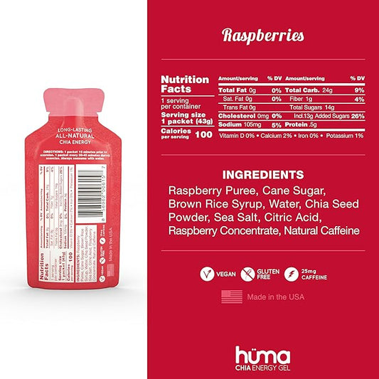 Huma Chia Energy Gel, Raspberries, 24 Gels, 25mg Caffeine - Sports Nutrition for Endurance Exercise