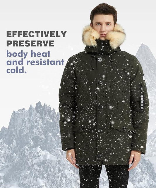 PUREMSX Winter Jackets for Men, Insulated Thick Warm Padded Puffer Coat with Fur Hood