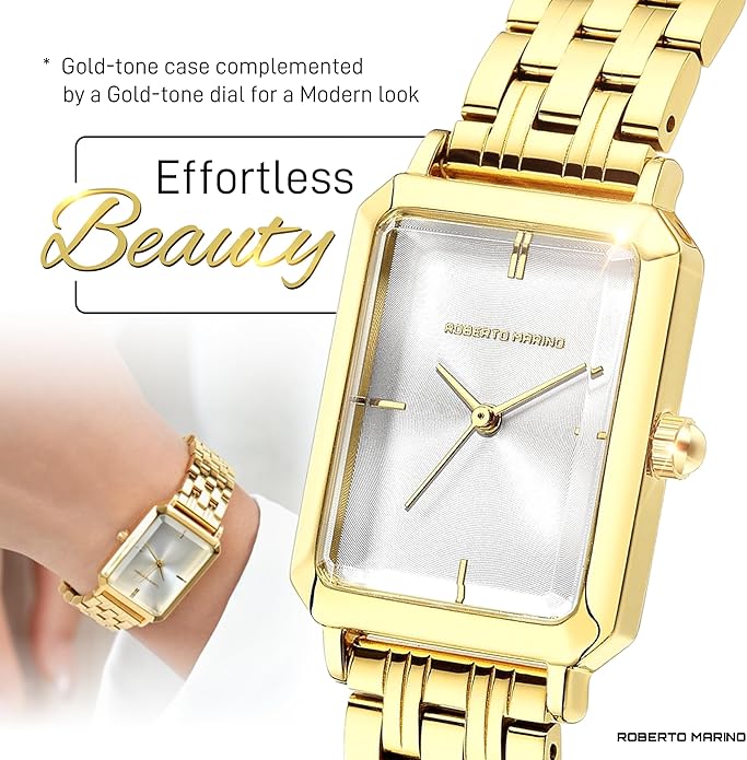 Roberto Marino RM1982 Women’s Luxury Watch Rectangular Gold – Japanese Quartz Movement, Vintage Stainless Steel Design, Silver Dial, Elegant Dress Timepiece, 3ATM Water Resistant – Reloj para Mujer