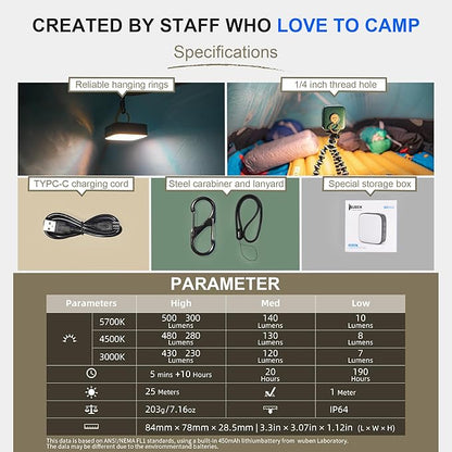 WUBEN F5 Camping Lantern 500LM Rechargeable Lantern, 5200mAh Portable LED Camping Light up to 500 Hours, IP64 Waterproof Camping Flashlight for Emergencies Power Outages Home Tent Hurricane Outdoor