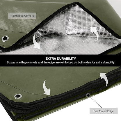RedSwing 2 Pack Heavy Duty Waterproof Emergency Thermal Tarp, Insulated Survival Blanket for Outdoor Camping, Hiking, and Emergency Shelter, Green+Black