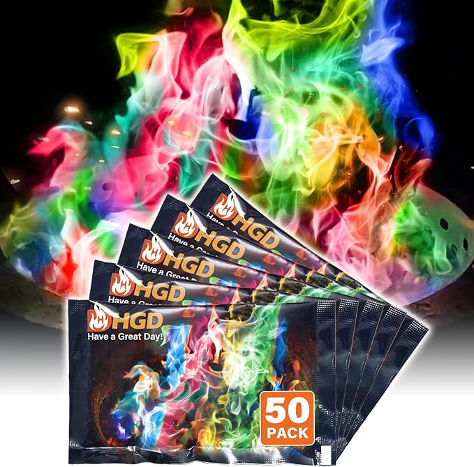 HGD (50 PCS) Magic Campfire Fire Color Changing Packets for Fire Pit, Indoor/Outdoor Fireplace, Bonfire - Rainbow Magical Flame, Camping Accessory, Compatible with Wood