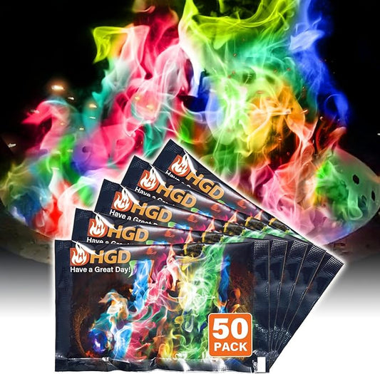 HGD (50 PCS) Magic Campfire Fire Color Changing Packets for Fire Pit, Indoor/Outdoor Fireplace, Bonfire - Rainbow Magical Flame, Camping Accessory, Compatible with Wood