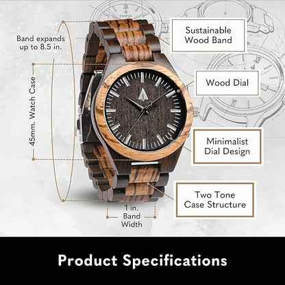 Treehut Wooden Watches for Men, Great Japanese Quartz Analog, Stylish Exotic Watch with Adjustable Stainless Steel Clasp, Buckle, Made from Ebony and Walnut Wood, Relojes Hombre Mujeres