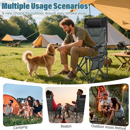 Oversized High-Back Camping Chairs with Pillow, Dual Cup Holders & Cooler Bag - Heavy Duty Foldable Outdoor Chair for Adults, Picnic, Fishing, Backyard, Sports （BlackGrey）