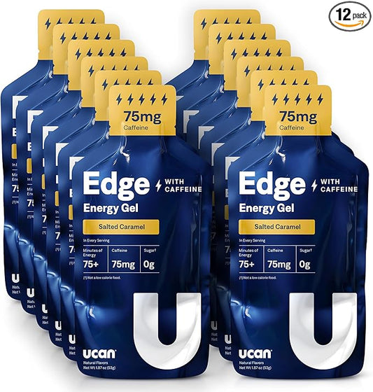 UCAN Edge Energy Gel Shots, Salted Caramel + Caffeine (12, 2 Ounce Packets) for Running, Training, Workouts, Fitness, Cycling, Crossfit | Sugar-Free, Vegan, & Keto Friendly Energy