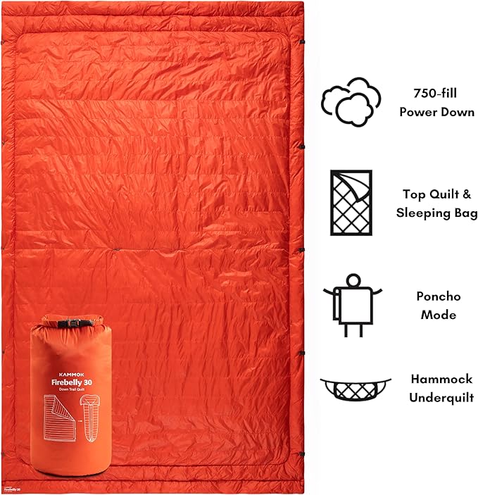 KAMMOK Firebelly 30°F - Down Trail Quilt, Water Resistant, Durable, Compact and Packable, Indoor/Outdoor Camp Blanket (88 in × 54 in),