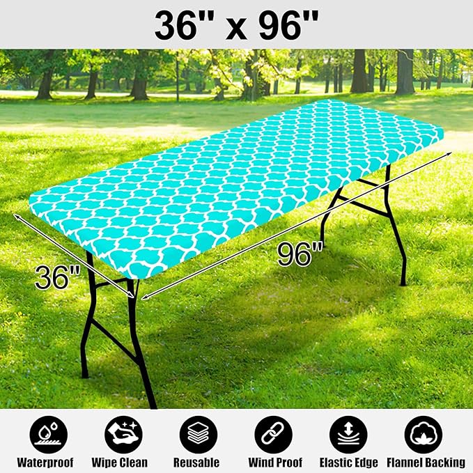 Smiry Rectangle Picnic Table Cover, Waterproof Elastic Fitted Camping Tablecloths for 8 Foot Tables, Wipeable Flannel Backed Vinyl Tablecloth Protector for Indoor, Outdoor (Teal, 36x96 Inches)