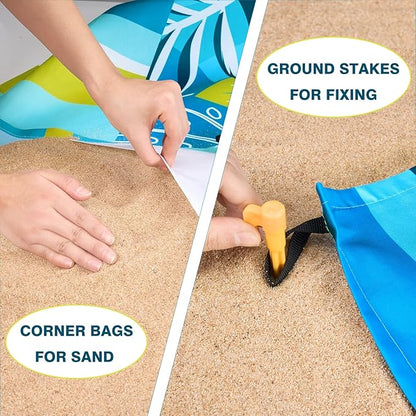 WERNNSAI Beach Blanket Waterproof Sandproof - Extra Large Beach Mat 79" x 83" Sand Free with 4 Stakes Pockets Quick Dry Lightweight Blue Plant Pattern Picnic Mat for Beach Party Camping