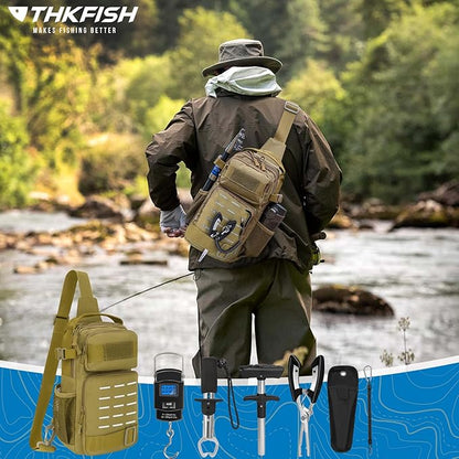 THKFISH 7Pcs Fishing Backpack with Fishing Pliers Kit, Tactical Fish Sling Tackle Bag Included Fishing Tackle kit, Digital Fishing Gear Weight Scale, Fish Hook Remover Tools