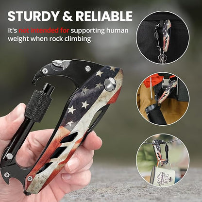 Multitool Carabiner Knife Tools for Men, Cool Gadgets Survival Gear with Folding Knives, Bottle Opener, Window Breaker and Screwdriver for Hiking Camping, 7-in-1 EDC Multi Tool (USA Flag)