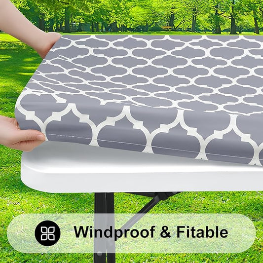 Smiry Rectangle Picnic Table Cover, Waterproof Elastic Fitted Camping Tablecloths for 4 Foot Tables, Wipeable Flannel Backed Vinyl Tablecloth Protector for Indoor, Outdoor (Grey, 30x48 Inches)