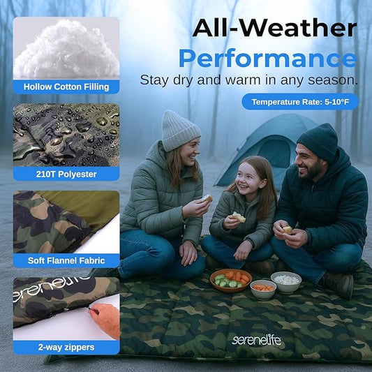 SereneLife Double Sleeping Bag with Pillows, Waterproof & Detachable for 2 Single Bags, Lightweight & Warm, Perfect for Camping, Hiking, Backpacking, and Cold Weather, Suitable for Temperatures 5-10°F