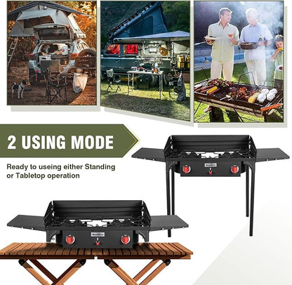 Bestfire 2 Burner Camping Stove with Windpanel& Side Shelves, Bag, Auto Ignition Button,Regulator,150,000 BTU Camping Stove Propane Burner With Removable Legs for Outdoor BBQ&Backyard