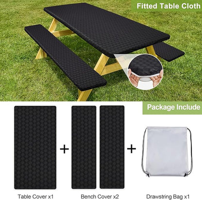 Picnic Table Cover with Bench Covers Camping Essentials Waterproof Windproof Camping Tablecloth with Drawstring Bag, Fitted Rectangle Tables and Seats, 60in, Black
