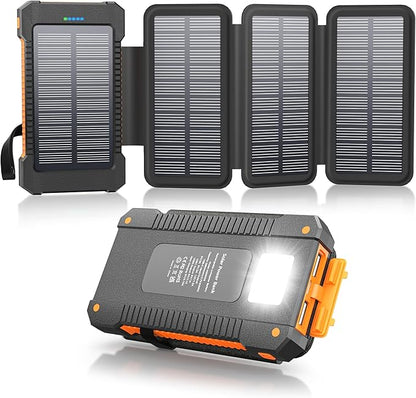 Solar Power Bank 38800mAh with 4 Solar Panels, Portable Charger USB C 18W Fast Charge for iPhone Samsung, IP67 Waterproof Outdoor External Battery Pack with Flashlight Light/SOS/Strobe