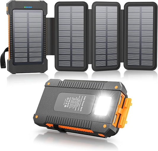 Solar Power Bank 38800mAh with 4 Solar Panels, Portable Charger USB C 18W Fast Charge for iPhone Samsung, IP67 Waterproof Outdoor External Battery Pack with Flashlight Light/SOS/Strobe