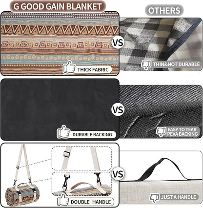 G GOOD GAIN Picnic Blankets Outdoor - Waterproof Outdoor Rug with Shoulder Carry Strap | Machine Washable Picnic Mat with Sandproof Backing for RV, Balcony, Camping, Hiking, Concerts (Orange, 9' x 6')