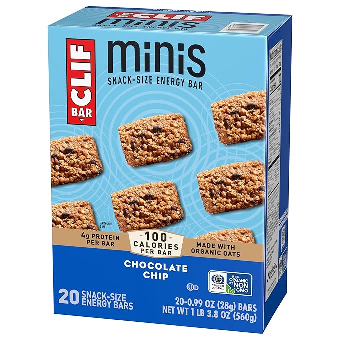 CLIF BAR Minis - Chocolate Chip - Made with Organic Oats - 4g Protein - Non-GMO - Plant Based - Snack-Size Energy Bars - 0.99 oz. (20 Pack)