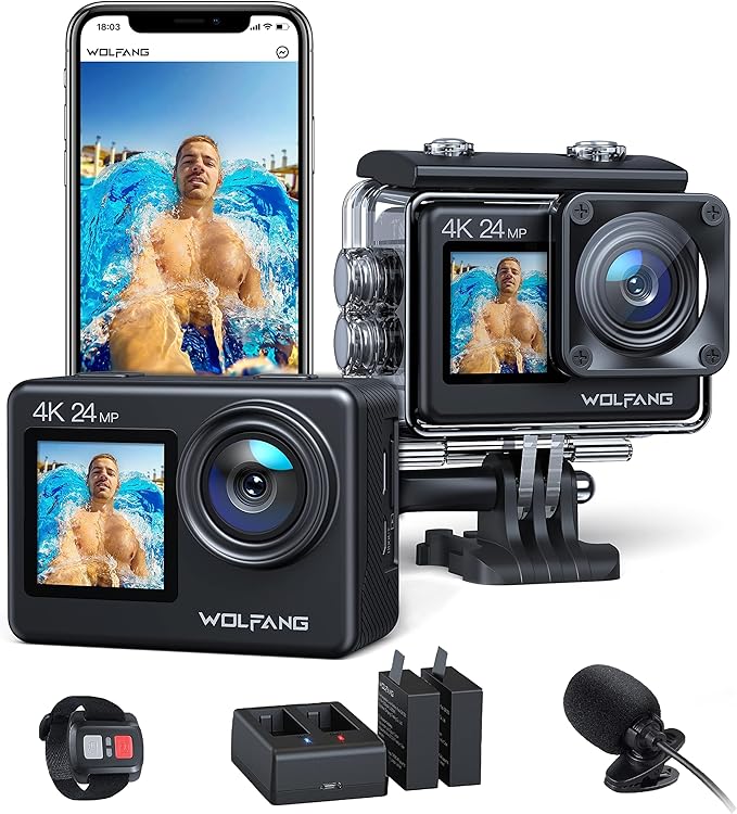 WOLFANG GA200 24MP 4K Action Camera 40M Waterproof Underwater Camera for Snorkeling, EIS WiFi Adjustable Wide Angle Dual Screen Camera for Vlog, Webcam(Charger, Remote Control and Helmet Accessories)